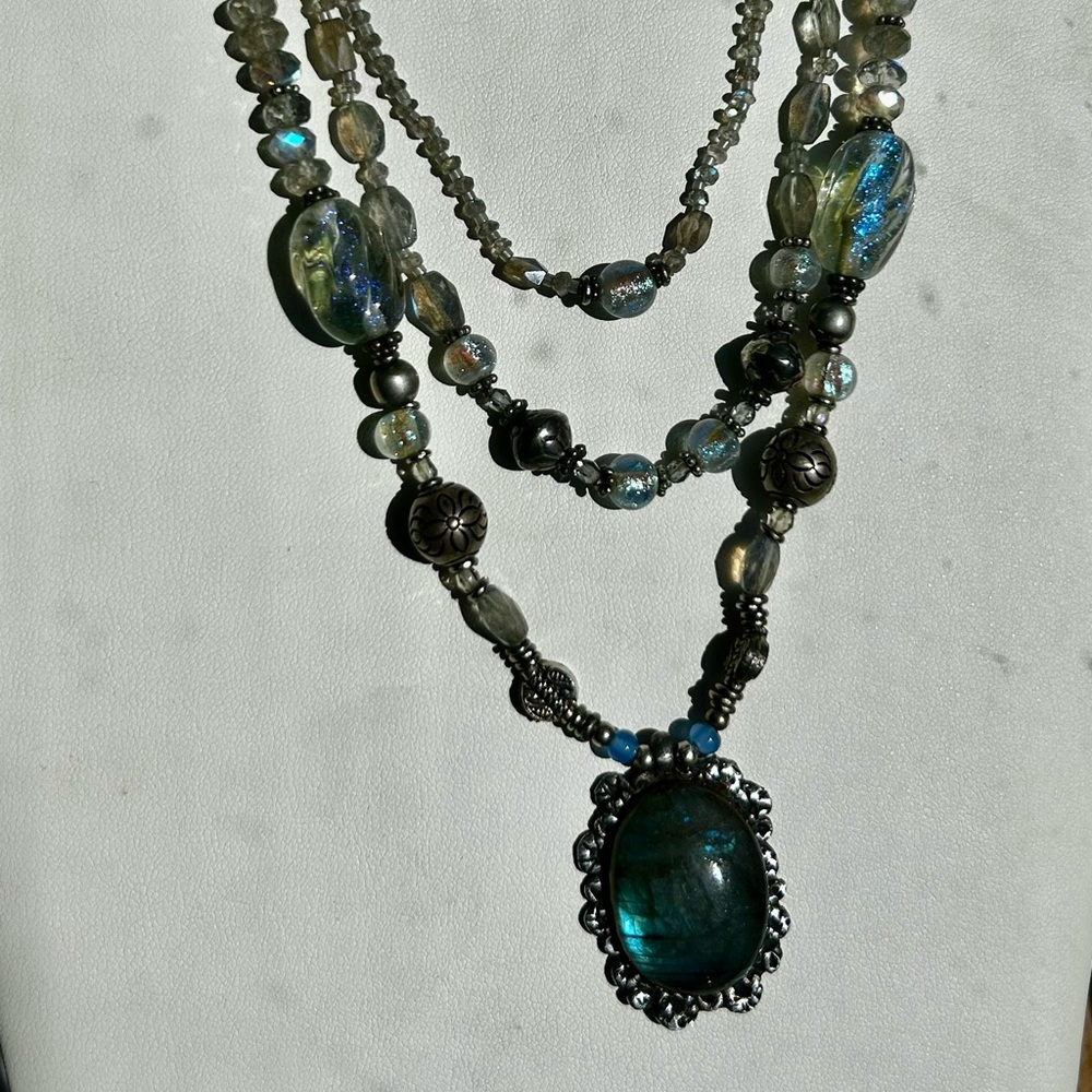 Elegant Sterling Silver Set dichroic glass and labradorite gemstone Necklace Set